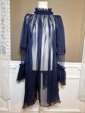 Gracia Sheer Navy Overlay Dress Lace Bell Sleeve High Neck Large